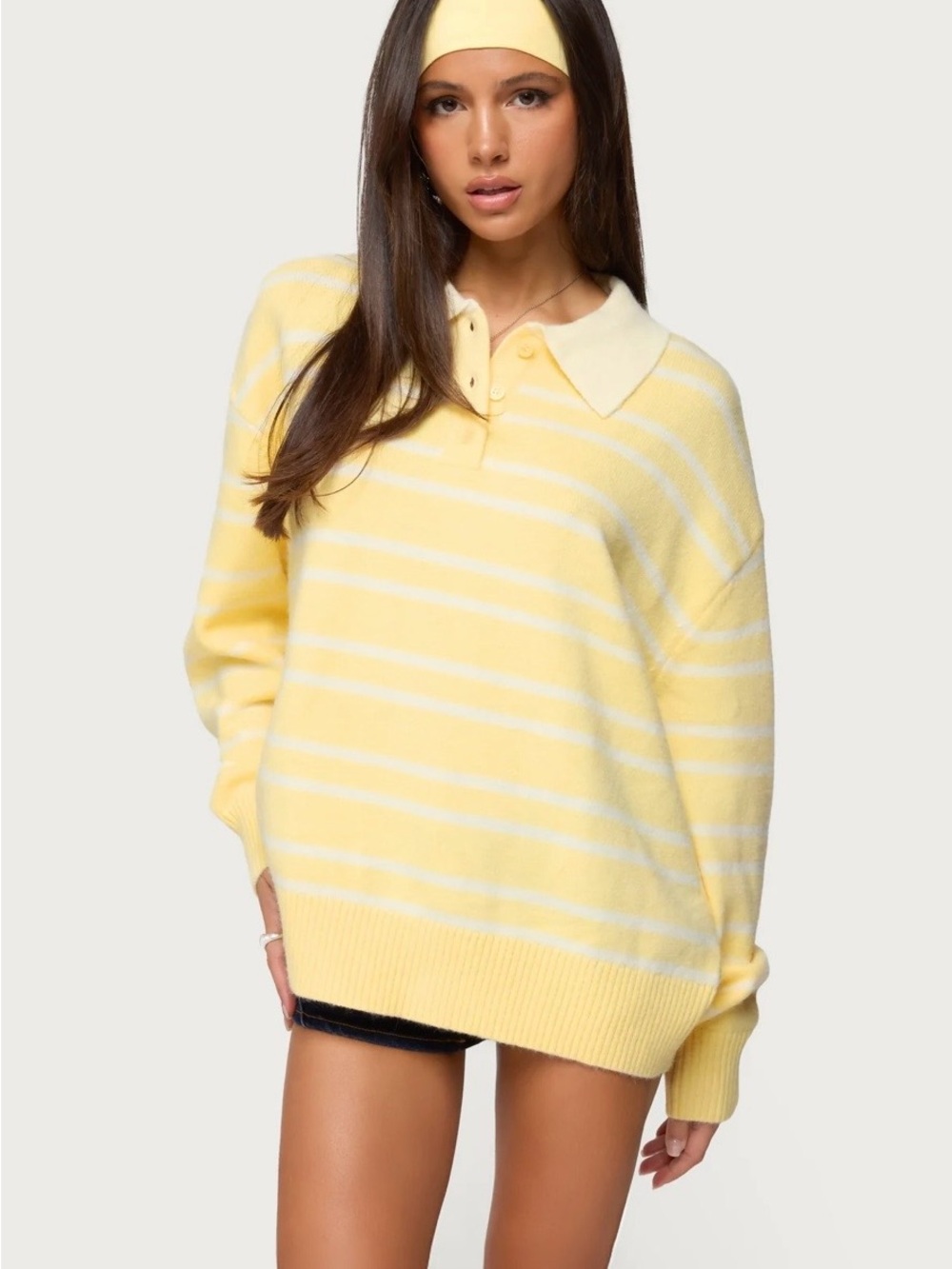 Edikted Yellow Striped Polo-Collar Women's Sweater